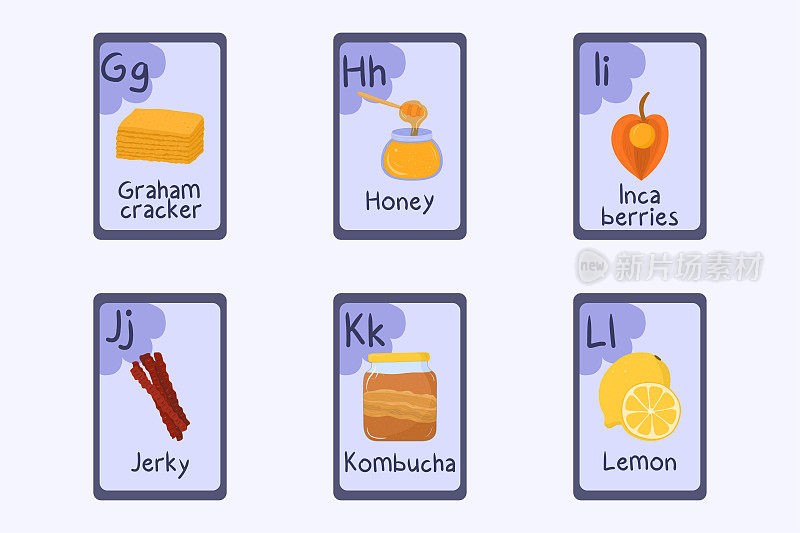 彩色字母抽认卡字母G, H, I, J, K, L graham饼干，蜂蜜，印加浆果，牛肉干，康普茶，柠檬。